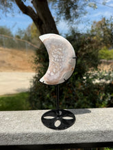 Load image into Gallery viewer, Pink Flower Agate Moon on Stand 35FH