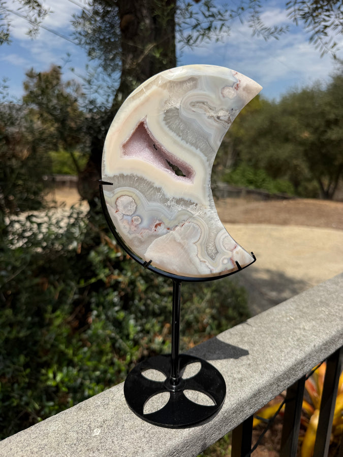 Pink Flower Agate Moon on Stand 165BJ