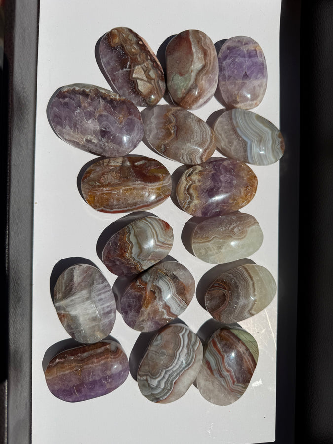 Chevron Anethyst and Crazy Lace Agate Palm Stone Intuitively Selected 15KV