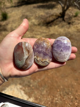 Load image into Gallery viewer, Chevron Anethyst and Crazy Lace Agate Palm Stone Intuitively Selected 15KV