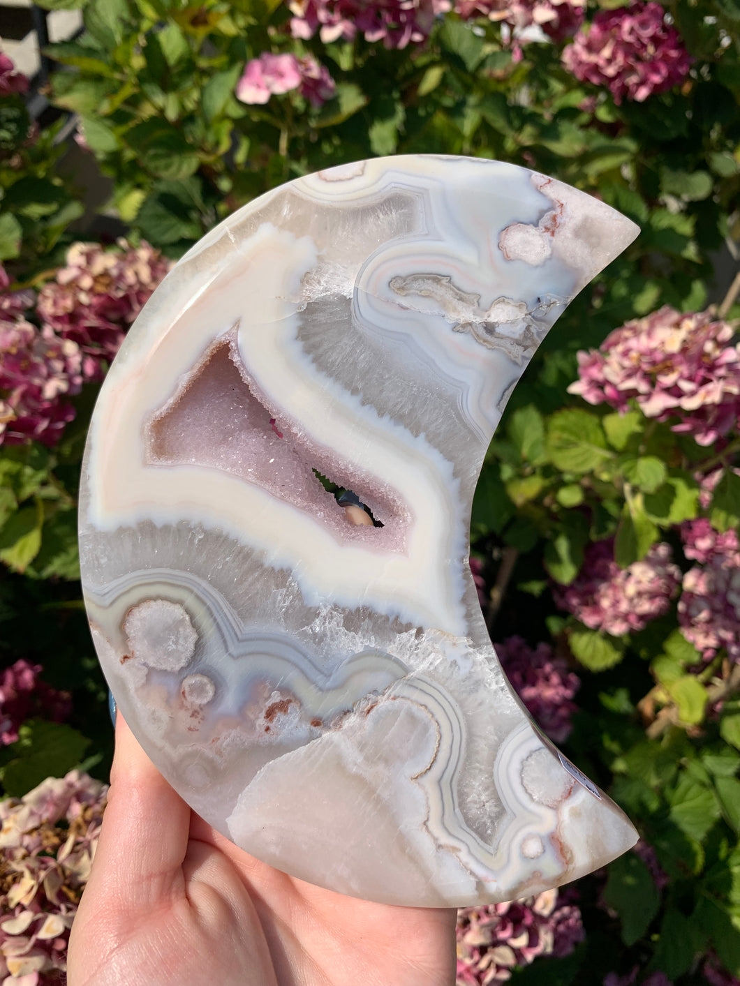 Flower Agate Moon with Stand
