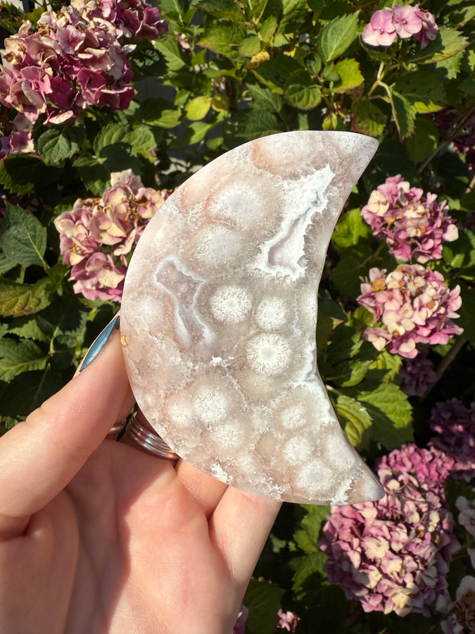 Pink Flower Agate Moon on Stand