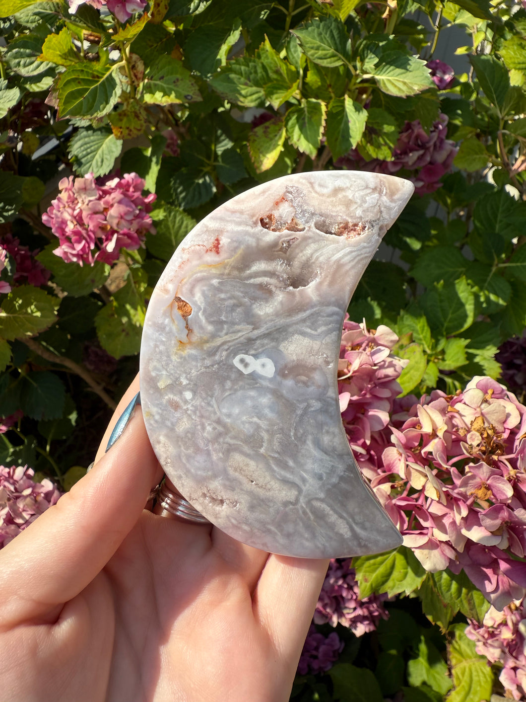 Flower Agate Moon with Stand
