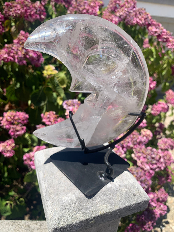 Quartz Carved Face Moon with Rainbows**
